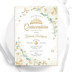 Invitation Aquarelle Rose Crème Or Floral Quinceanera