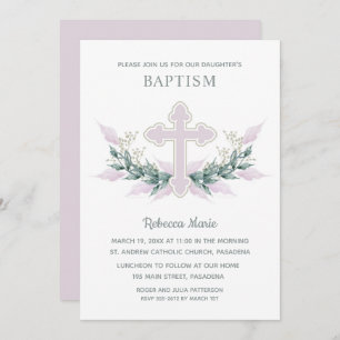 Invitation Aquarelle rose Croix Baptême
