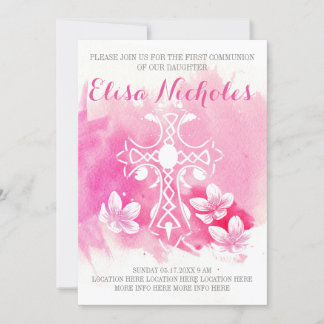 Invitation Aquarelle rose croix florale Première sainte commu