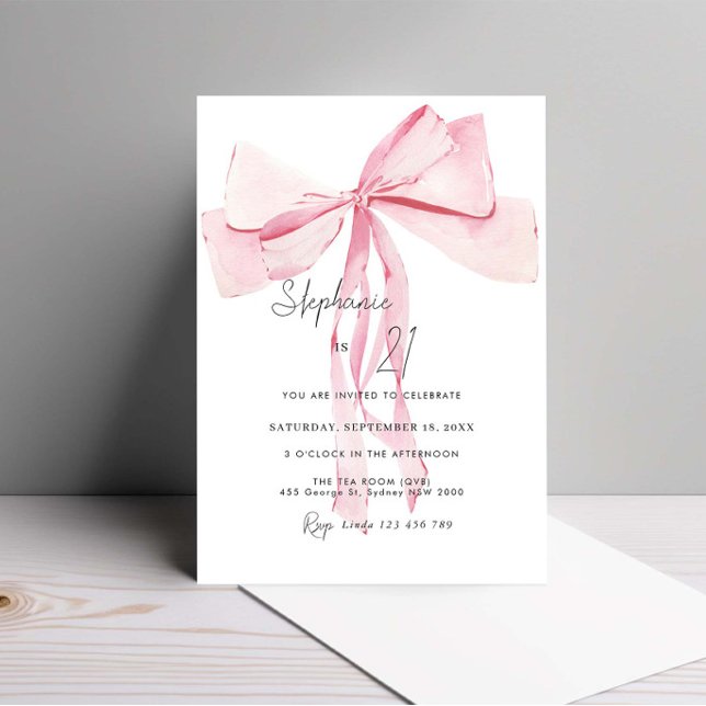 Invitation Aquarelle rose dainty Bow 21e anniversaire (Créateur téléchargé)