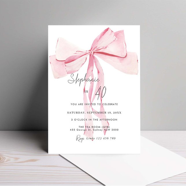 Invitation Aquarelle Rose Dainty Bow 40e anniversaire (Créateur téléchargé)