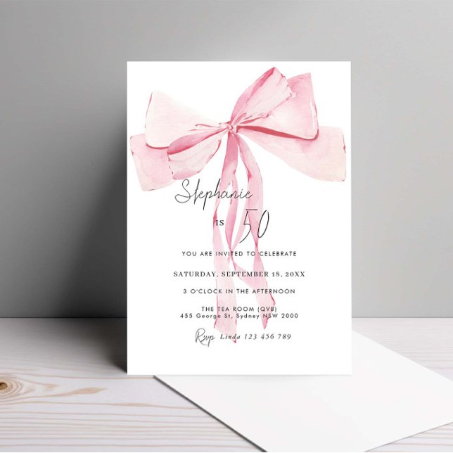 Invitation Aquarelle rose dainty Bow 50e anniversaire (Créateur téléchargé)