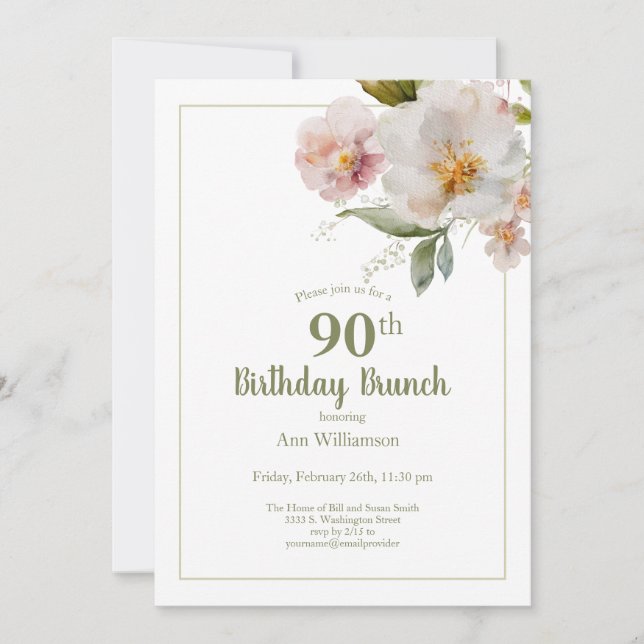 Invitation Aquarelle rose douce Fleur 90e anniversaire Brunch (Devant)