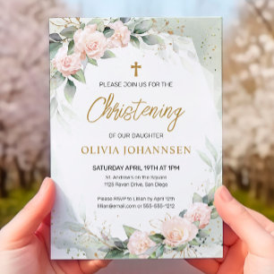Invitation Aquarelle rose douce Fleurs verdure Christening