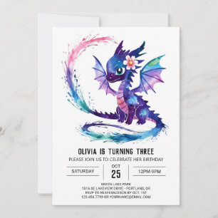 Invitation Aquarelle rose Dragon Digital Girl Anniversaire