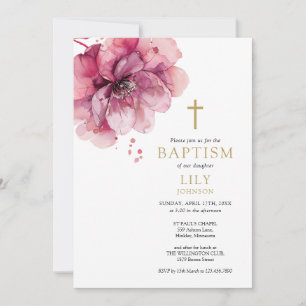 Invitation Aquarelle Rose Dusty moderne Baptême floral