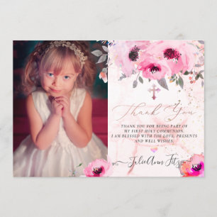 Invitation Aquarelle rose eau Roses Communion Merci