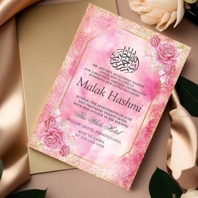 Invitation Aquarelle rose elagant Floral Aqeeqah islamique (Créateur téléchargé)