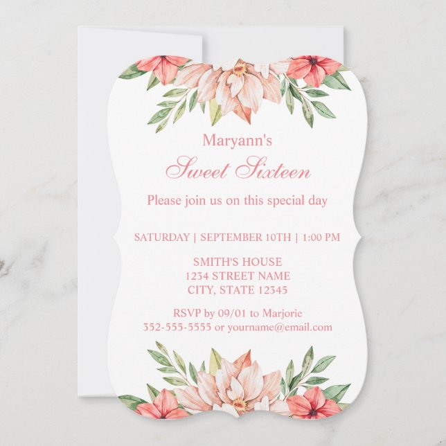 Invitation Aquarelle rose élégant Floral Sweet 16 (Devant)
