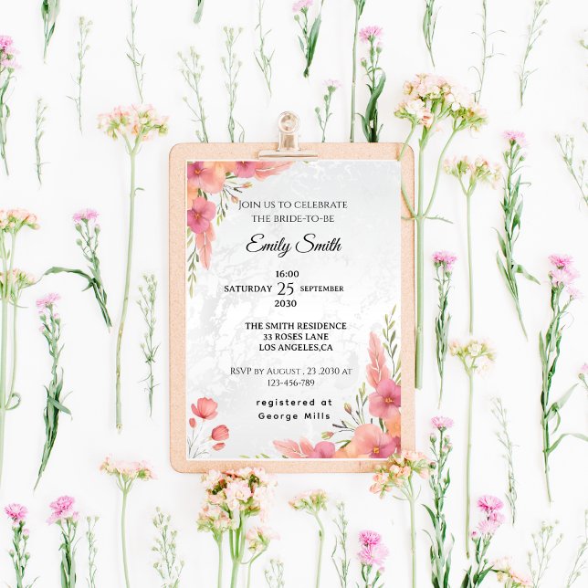 Invitation Aquarelle rose Élégante Fête des mariées florale (Créateur téléchargé)