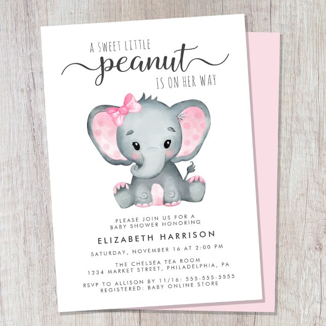 Invitation Aquarelle rose éléphant Bébé Fille Douche (Cute baby girl shower invitation)