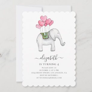 Invitation Aquarelle rose éléphant. Fête d'anniversaire de fi