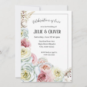Invitation Aquarelle rose en rose pâle, Mariage blanc crème