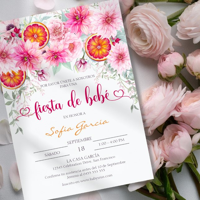 Invitation Aquarelle rose et agrumes Baby shower espagnol (Spanish baby shower invitation with watercolor pink flowers and slices of orange)