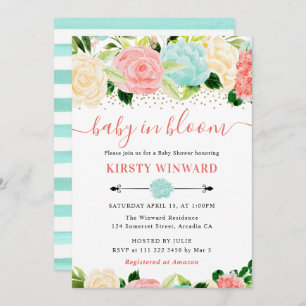 Invitation Aquarelle rose et Baby shower de fleurs de menthe
