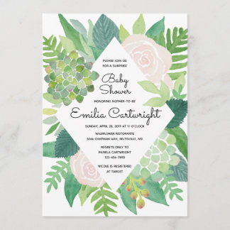 Invitation Aquarelle Rose et Baby shower Succulent