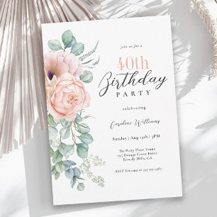 Invitation Aquarelle rose et beige Floral 40e anniversaire
