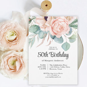 Invitation Aquarelle rose et beige Floral 50e anniversaire