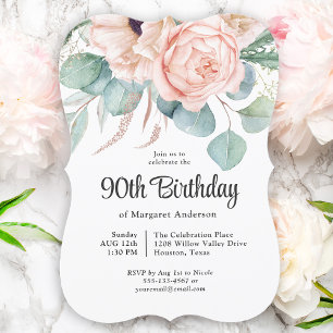 Invitation Aquarelle rose et beige Floral 90e anniversaire