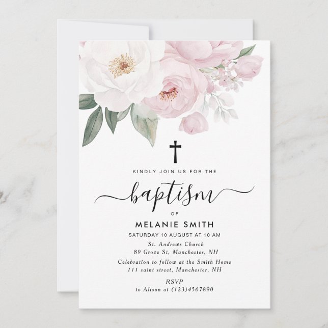 Invitation aquarelle rose et blanc fleurs baptême (Devant)