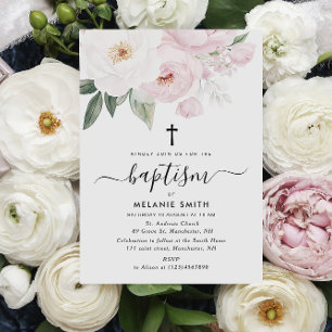 Invitation aquarelle rose et blanc floral baptême
