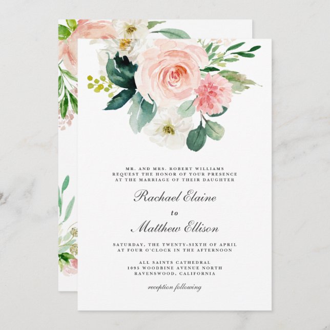 Invitation Aquarelle rose et blanc pâle Mariage floral (Devant / Derrière)