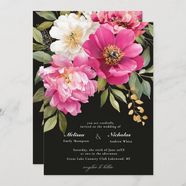 Invitation Aquarelle rose et blanc Peony Mariage floral (Devant / Derrière)