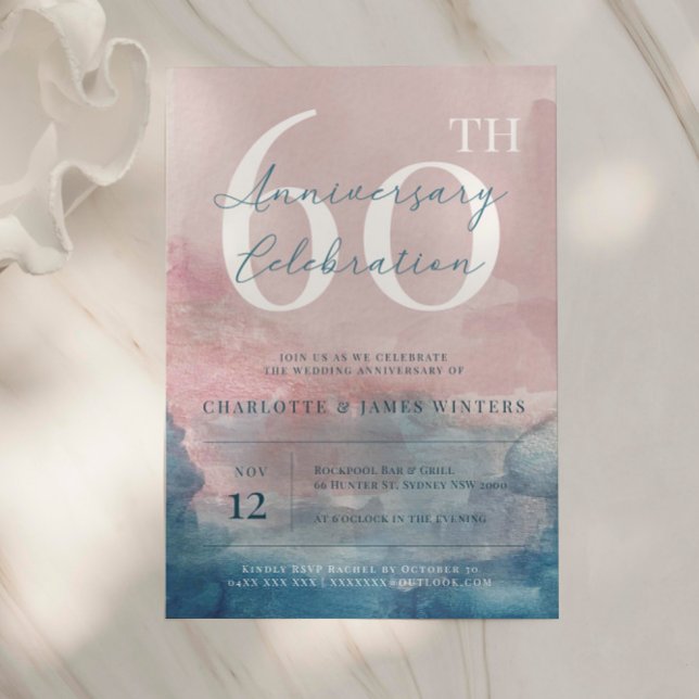 Invitation Aquarelle rose et bleu 60e anniversaire (Créateur téléchargé)