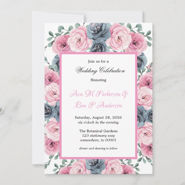 Invitation Aquarelle rose et bleu foncé Mariage (Devant)