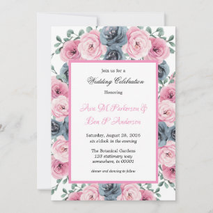 Invitation Aquarelle rose et bleu foncé Mariage