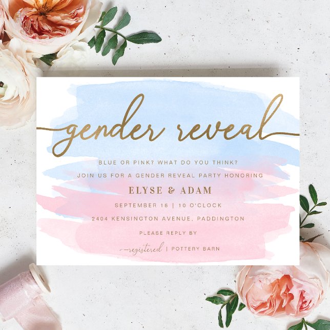 Invitation Aquarelle rose et bleu or Genre Reveillez Invitati (Gender Reveal Invitation Pink Blue Watercolour Gold )