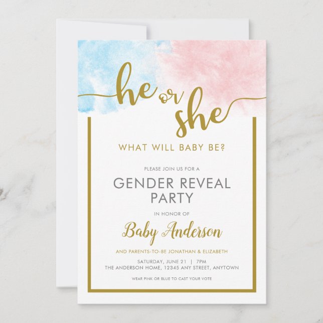 Invitation Aquarelle rose et bleu Or Script Révélation de gen (Devant)