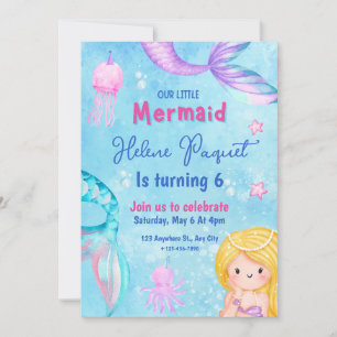 Invitation Aquarelle rose et bleu sucrée sirène Anniversaire