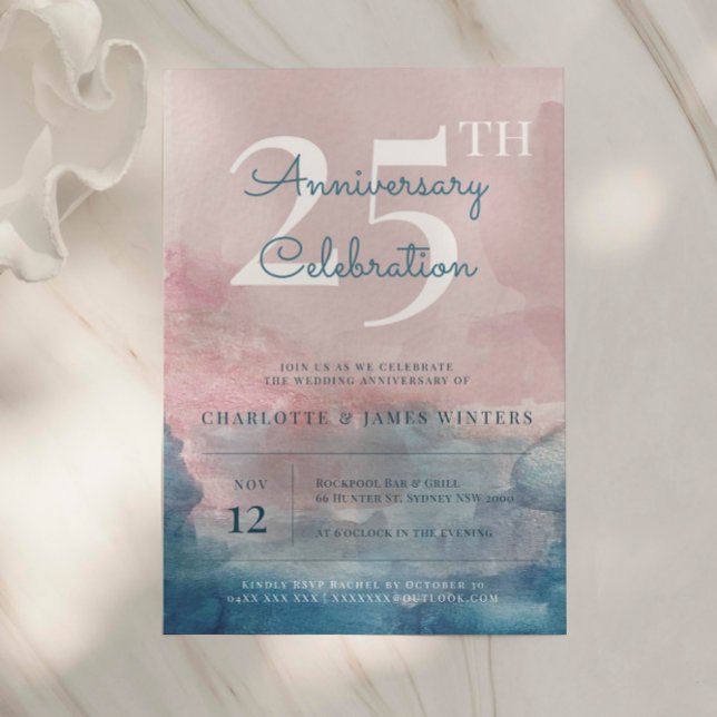 Invitation Aquarelle rose et bleue pour 25e anniversaire (Créateur téléchargé)