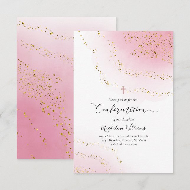 Invitation Aquarelle rose et confirmation de parties scintill (Devant / Derrière)