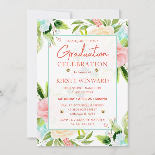 Invitation Aquarelle Rose et Fleurs de menthe Graduation (Devant)