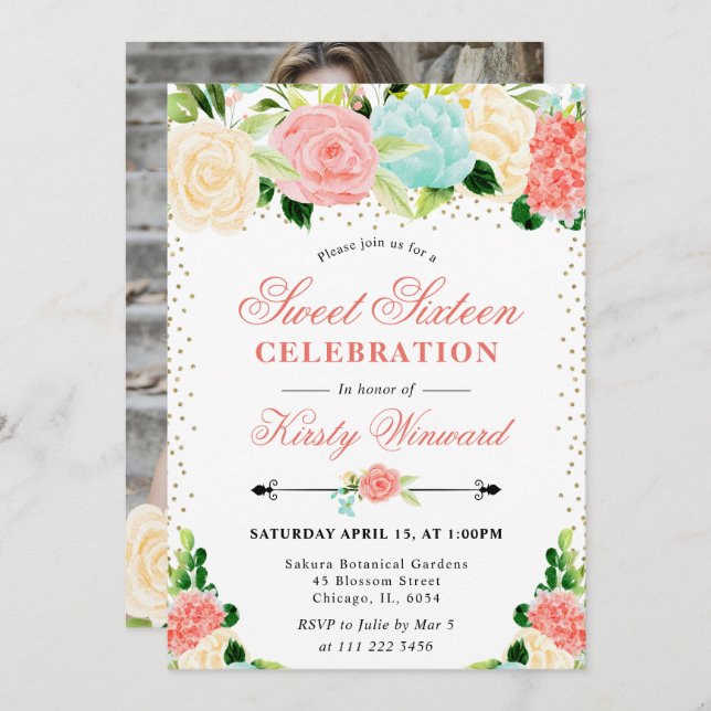 Invitation Aquarelle Rose et Fleurs de menthe Photo Sweet 16 (Devant / Derrière)