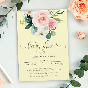 Invitation Aquarelle rose et jaune Baby shower floral