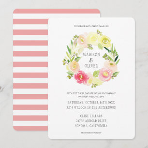 Invitation Aquarelle rose et jaune couronne florale MARIAGE