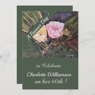 Invitation Aquarelle rose et jaune de Cactus Anniversaire Flo