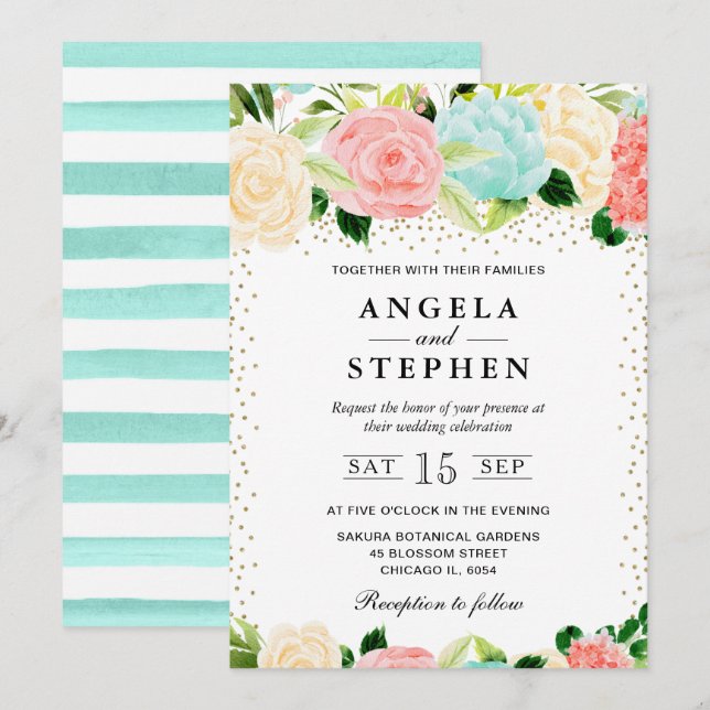 Invitation Aquarelle rose et Mariage de fleurs de menthe (Devant / Derrière)