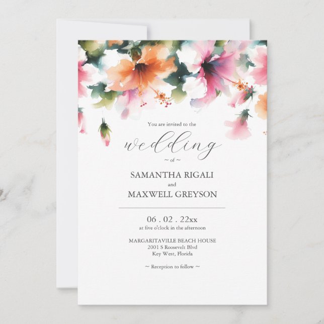 Invitation Aquarelle rose et Mariage Floral orange (Devant)