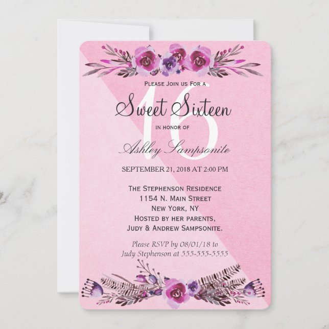 Invitation Aquarelle rose et mauve Fleurs Douces 16 Invitatio (Devant)