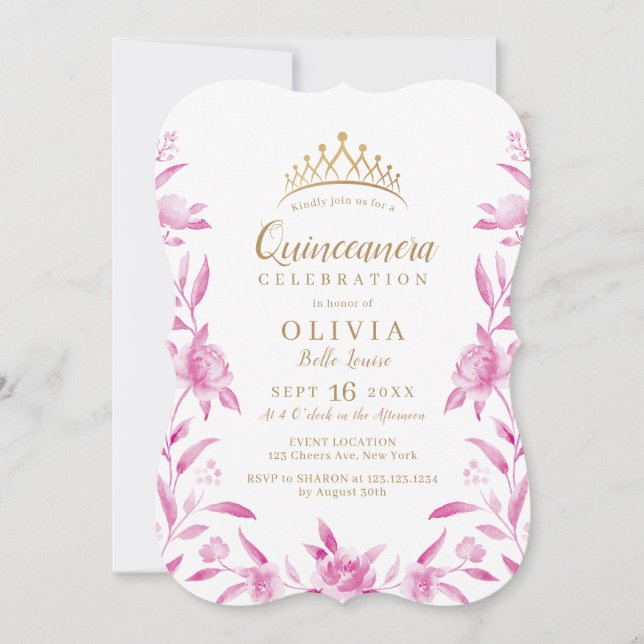 Invitation Aquarelle rose et or à fleurs Quinceanera (Devant)