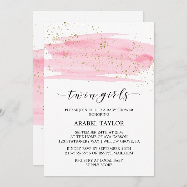 Invitation Aquarelle rose et or Baby shower Twin Girls (Devant / Derrière)