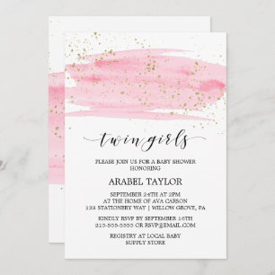 Invitation Aquarelle rose et or Baby shower Twin Girls