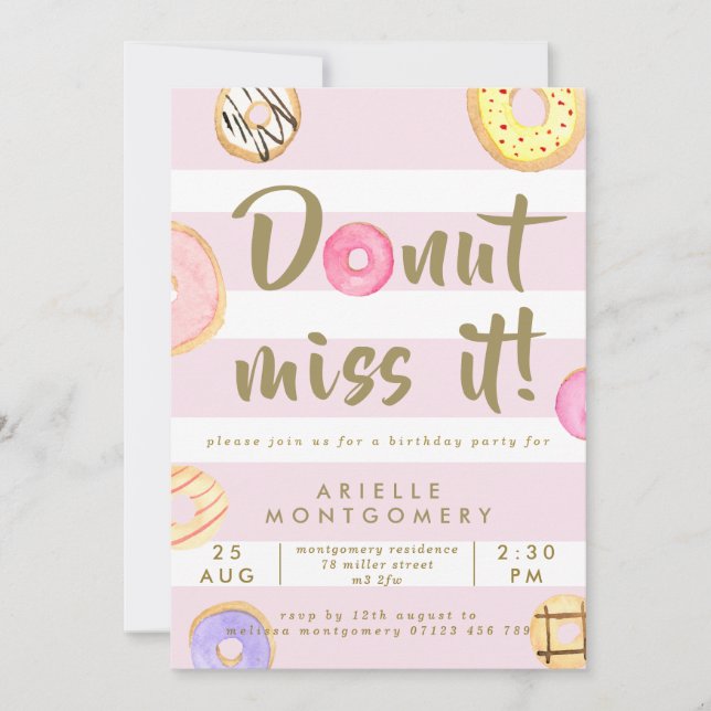Invitation Aquarelle rose et or Donuts Anniversaire (Devant)