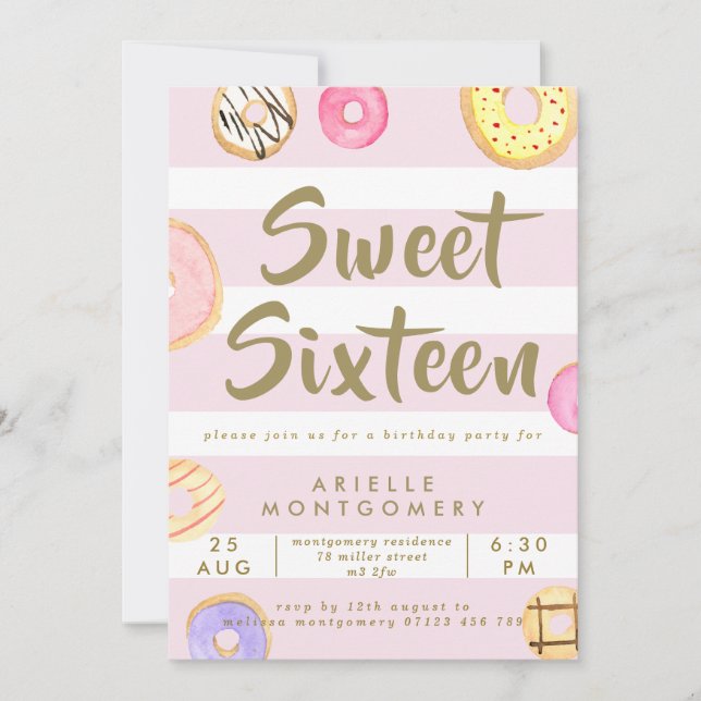 Invitation Aquarelle rose et or Donuts doux 16 Partie (Devant)