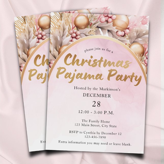 Invitation Aquarelle rose et or Fête du pyjama de Noël (Créateur téléchargé)
