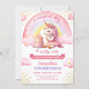 Invitation Aquarelle rose et or licorne 5e anniversaire